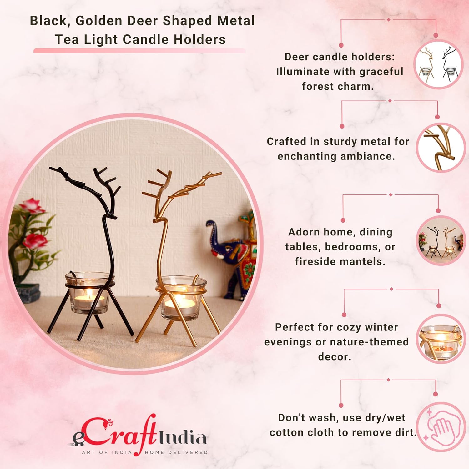 eCraftIndia Set of 2 Deer Shape Decorative Handcrafted Diya Holder